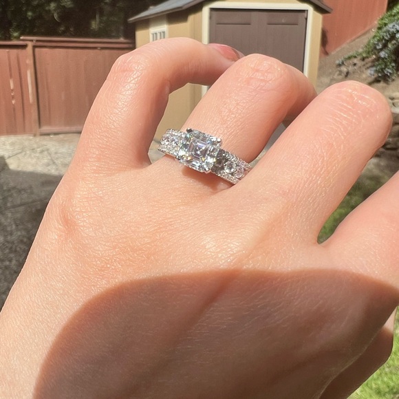 Brand New Moissanite Asscher Cut 2CT Ring 18K White Gold Plated Sterling Silver - Picture 8 of 16